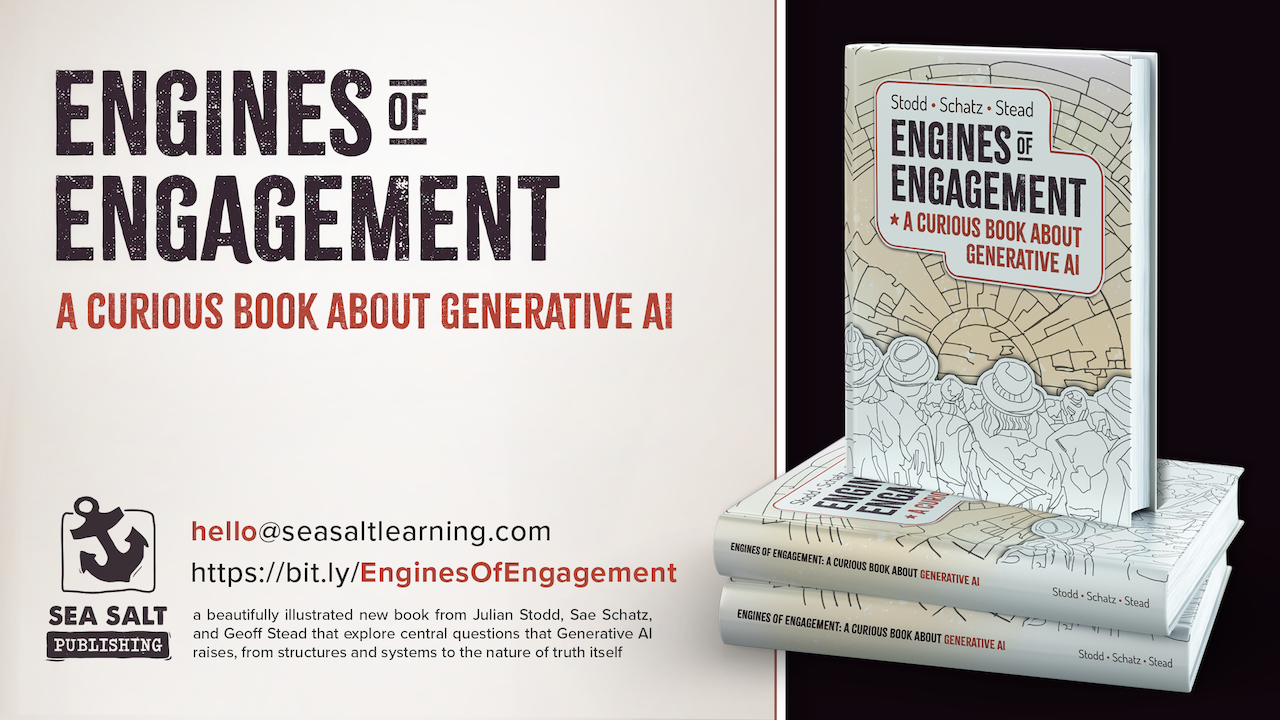 Poster for Engines of Engagement, including contact information and as small pile of books